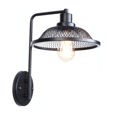 Iron Mesh Cage Wall Light Vintage 1 Head Lighting Fixture in Black Finish with Curved Arm