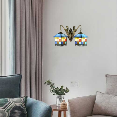 Multicolored Tiffany 2-Light Wall Sconce in Lodge Style with Exquisite Glass Shade