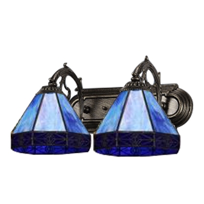 Navy Blue Geometric Wall Lighting Tiffany Style Stained Glass Double Heads Wall Lamp