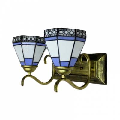 Simple 14-Inch Wide Tiffany-Style Inverted 2-Light Wall Sconce with Blue&White Cone Shade
