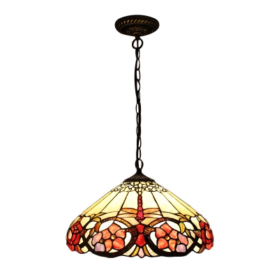 Single Light Floral Pendant Lamp Tiffany Style Lodge Glass Lighting Fixture in Multi Color