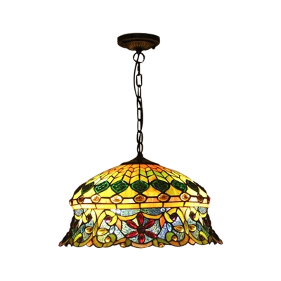 Triple Light Dome Drop Light Tiffany Style Stained Glass Ceiling Pendant Lamp in Multi Color