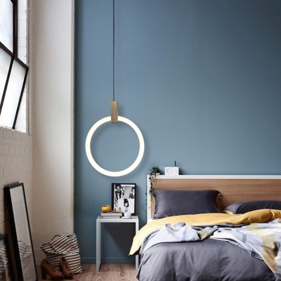 Wood Finish Halo LED Pendant Lights Nordic Style Acrylic 1 Light Hanging Lamp for Bedside Cafe Restaurant