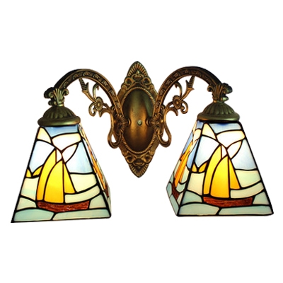 2 Light Sailboat Design Wall Lamp Tiffany Nautical Stained Glass Lighting Fixture in Blue