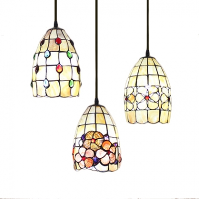 3 Heads Dome Hanging Lamp Tiffany Style Shelly Accent Suspended Light in Multicolor