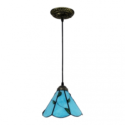 Beige/Blue Leaf Pendant Light Tiffany Style Glass 1 Light Suspension Light for Bedroom