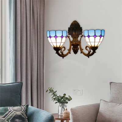 Bowl Wall Light Tiffany Mediterranean Style Stained Glass 2 Light Sconce Lighting in Blue