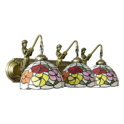 Brass Finish Floral Wall Sconce Vintage Stained Glass Triple Heads Mermaid Lighting Fixture