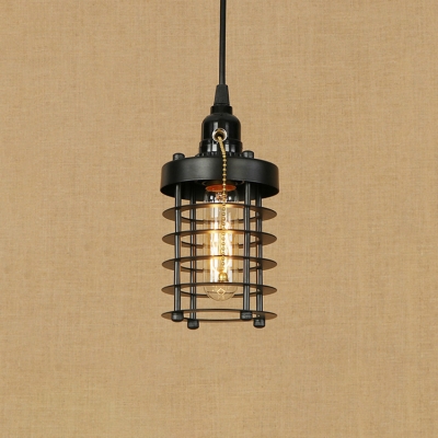 Cylinder Hanging Light Industrial Iron Decorative Single Pendant Lamp with Metal Cage for Bedside
