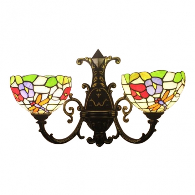Dragonfly Wall Mount Light Tiffany Rustic Stained Glass 2 Heads Sconce Light in Multicolor