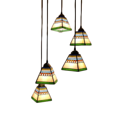 Pyramid Drop Light Vintage Stained Glass 3 Heads Pendant Lamp in Blue/Pink with Round Canopy