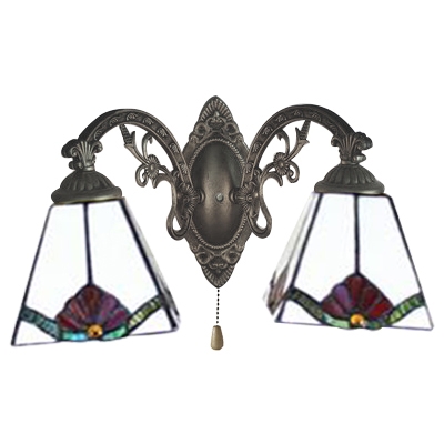 Pyramid Wall Mount Fixture Tiffany Style Stained Glass 2 Light Pull Chain Wall Lamp in Aged Brass