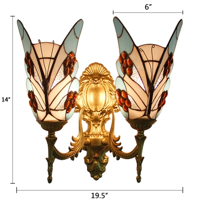 Sky Blue Butterfly Wall Sconce Tiffany Style Rippled Glass 2 Light Wall Lamp for Restaurant
