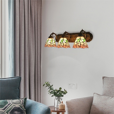 Stained Glass Floral Wall Light Tiffany Style 3 Heads Accent Sconce Lighting in Brass Finish