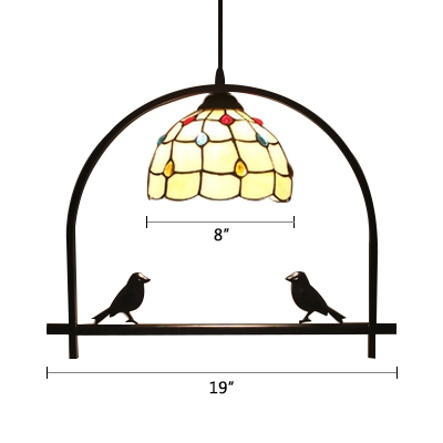 Tiffany Style Dome Lighting Fixture Beige Glass Single Head Hanging Light with Arch Shelf