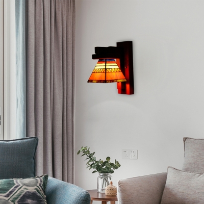 Wood Base trapezoid Glass Shade Wall Sconce in Mediterranean Style