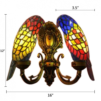 2 Light Parrot Wall Sconce Tiffany Style Handcrafted Stained Glass Wall Lamp in Multicolor