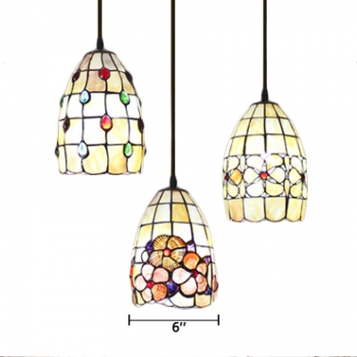 3 Heads Dome Hanging Lamp Tiffany Style Shelly Accent Suspended Light in Multicolor