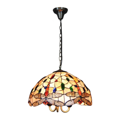 Adjustable Dragonfly Pendant Lamp Shelly Tiffany Stained Glass 3 Light Drop Light in Multicolor