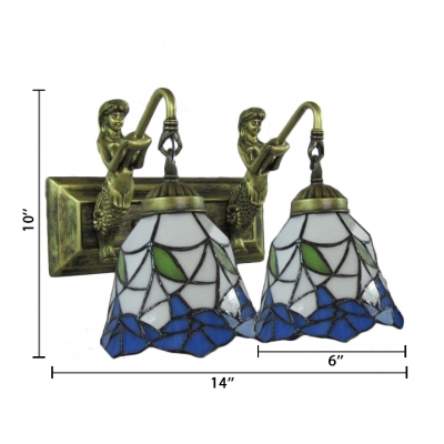 Belle Supported 2 light Bell Shaped Wall Sconce with Blue Flower and Green Leaf Pattern in Tiffany Style