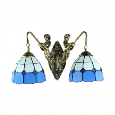Double Light Wall Sconce in Mediterranean Style Mermaid with Tiffany White & Blue Stained Glass Shade in 14