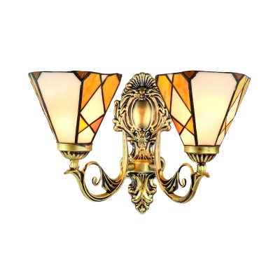 European Tiffany Style Double Light Inverted Orange Wall Sconce in 16.5-Inch Wide with White/Brass Lampbase