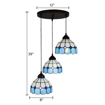 Nautical Tiffany Dome Drop Light Stained Glass Triple Head Pendant Lamp with Round Canopy