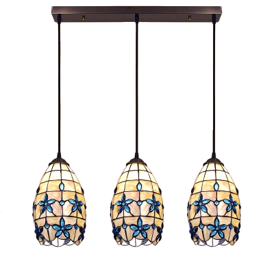 Shelly Floral Ceiling Pendant Lamp Tiffany Triple Head Suspended Light with Blue Beads