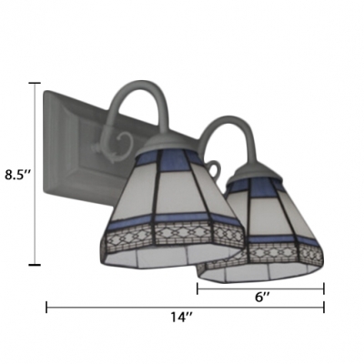 Simple 14-Inch Wide Tiffany-Style Inverted 2-Light Wall Sconce with Blue&White Cone Shade