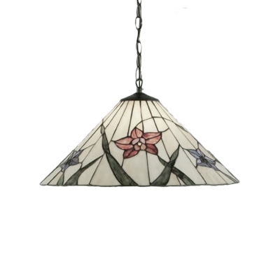 Single Light Flower Suspended Lamp Tiffany Style Stained Glass Lighting Fixture in Beige