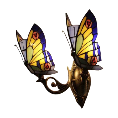Stained Glass Butterfly Wall Lamp Tiffany Style Handcrafted 2 Heads Wall Light in Navy Blue