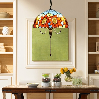 Triple Head Sunflower Suspended Light Tiffany Style Stained Glass Decorative Pendant Lamp