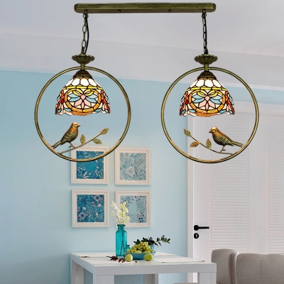 Victorian Metal Frame Drop Light Stained Glass 2 Lights Ceiling Pendant Lamp in Multi Color