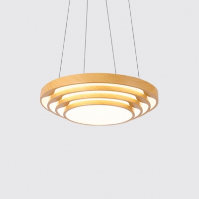Wood Finish Round Chandelier Modern Style Acrylic Shade Hanging Pendant in White/Warm Light
