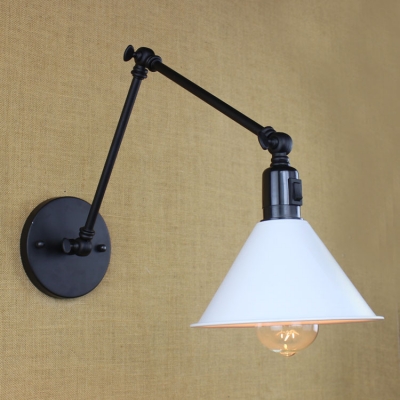 1 Head Cone Small Wall Lamp Loft Style Iron Wall Sconce in White with Adjustable Arm