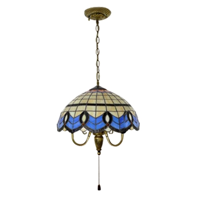 3 Head Dome Suspension Light Baroque Vintage Stained Glass Pendant Lamp in Multi Color
