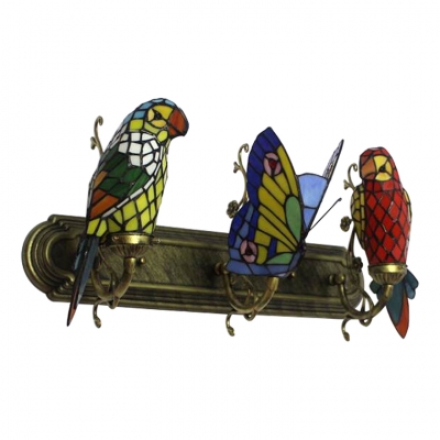 3 Heads Butterfly Wall Mount Fixture Tiffany Style Stained Glass Wall Sconce in Blue and Red