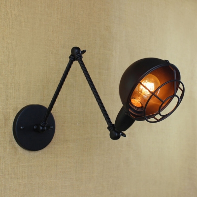 Adjustable Wire Guard Wall Lamp Industrial Iron Single Bulb Wall Lighting in Black