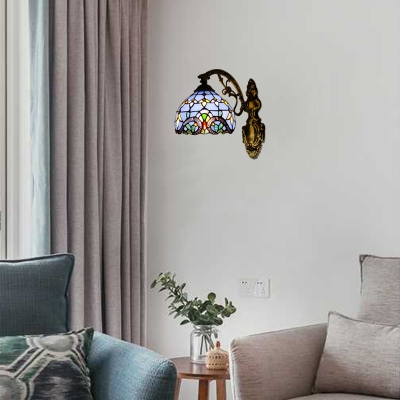 Beige/Blue Dome Wall Light Baroque Tiffany Style Stained Glass Wall Sconce for Bedroom