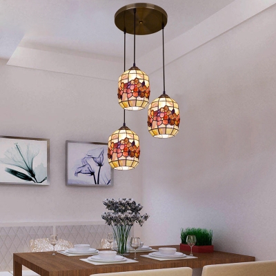 Cylinder Suspended Light Tiffany Style Shelly Triple Head Pendant Lamp for Corridor