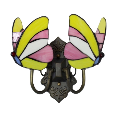Double Butterfly Wall Lighting Tiffany Style Rustic Stained Glass Wall Lamp in Multicolor
