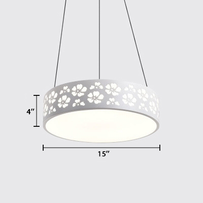 Etched Metal Drum Shade Ceiling Pendant Light White Finish LED Hanging Lamp for Office