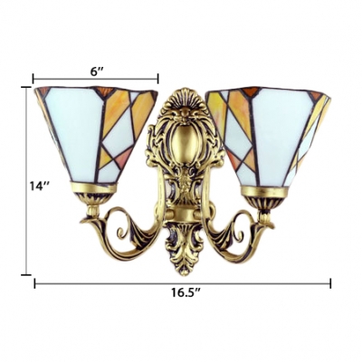 European Tiffany Style Double Light Inverted Orange Wall Sconce in 16.5-Inch Wide with White/Brass Lampbase