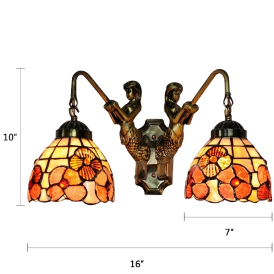 Floral Wall Light Fixture Tiffany Retro Style Stained Glass 2 Heads Wall Sconce in Red