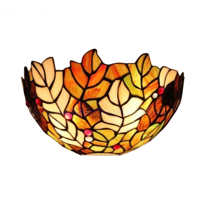 Golden Leaf Motif Single Head Wall Light with Semi-Circle Art Glass Shade 12 Inch Width