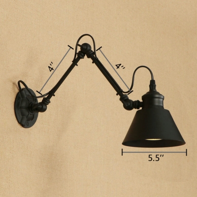 Industrial Concise Cone Wall Sconce Metal 1 Head Wall Mount Fixture in Black with Swing Arm