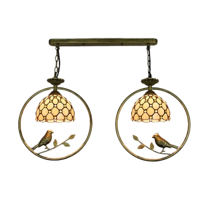 Jeweled Suspended Light Tiffany Style Beige Glass Double Head Pendant Light with Birds