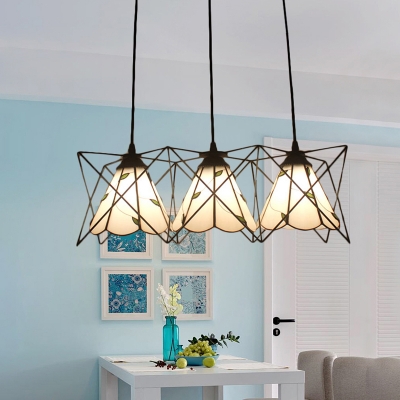 Leaf Design Hanging Light Tiffany Style White Glass 3 Lights Pendant Light with Metal Cage