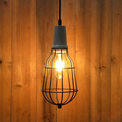 Metal Frame Suspended Light Retro Style Wood Single Hanging Lamp for Bedroom Living Room