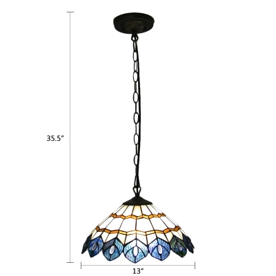 Peacock Pendant Light Tiffany Adjustable Stained Glass 1 Head Hanging Lamp in Multi Color
